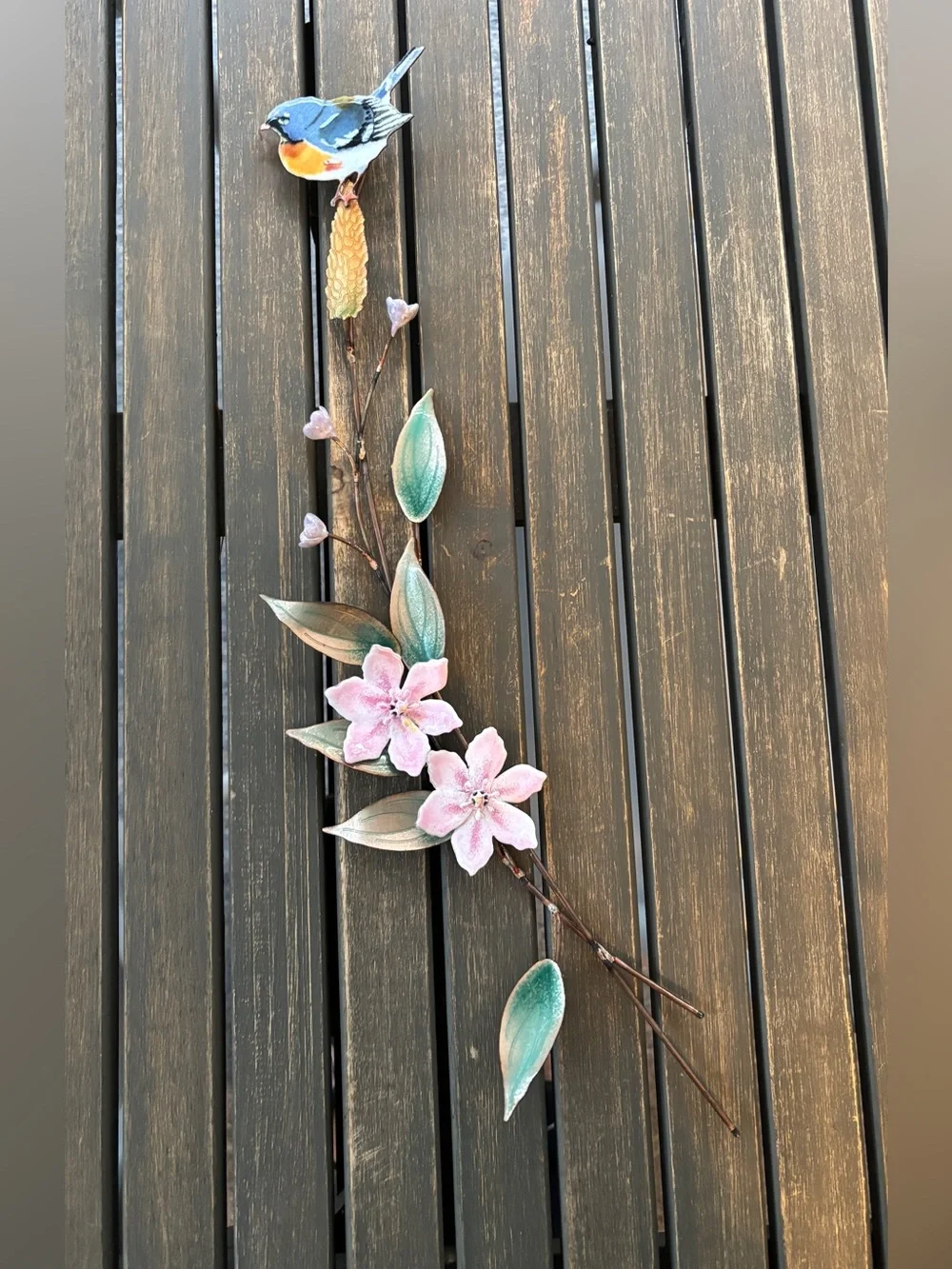 Bovano of Cheshire Metal Floral Wall Sculpture Blue Bird Pink Flowers